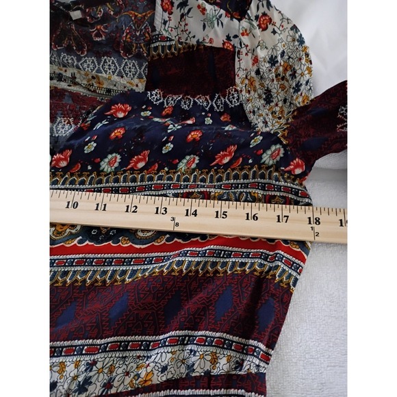 Boho Patchwork Maxi Dress‎ Floral Print Button Front V Neck 3/4 Sleeve - Picture 9 of 11